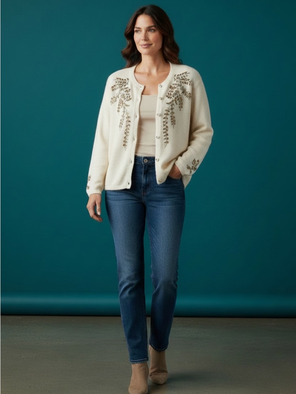 vintage Karen Scott Evening cream cardigan gold beaded Size 1X Silk Blend